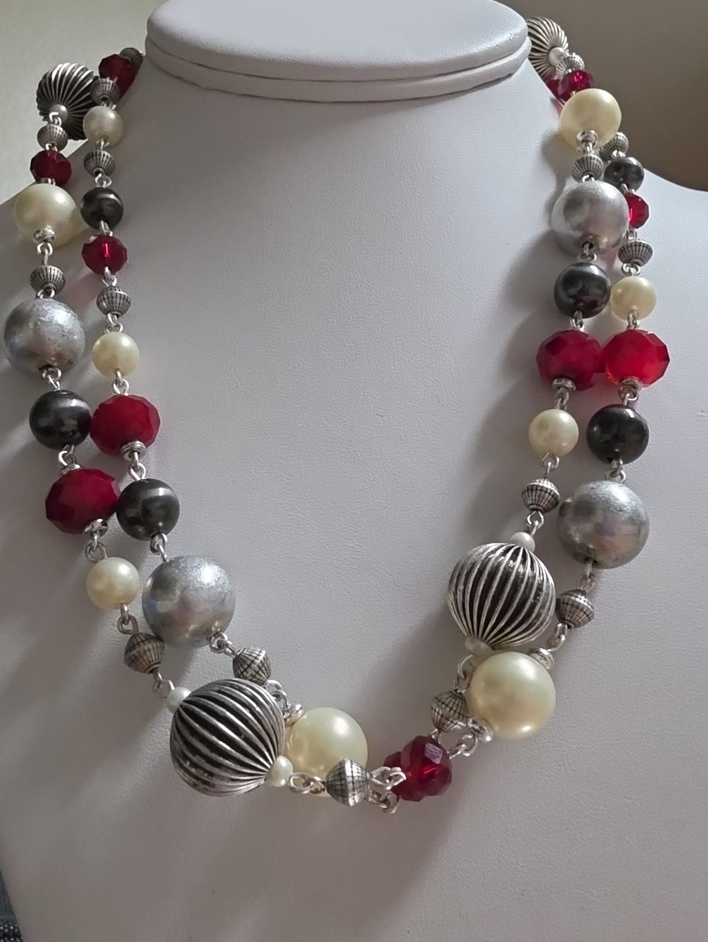 Vintage Premier Designs Station Necklace Hematite Red Glass Faux Pearl Silver